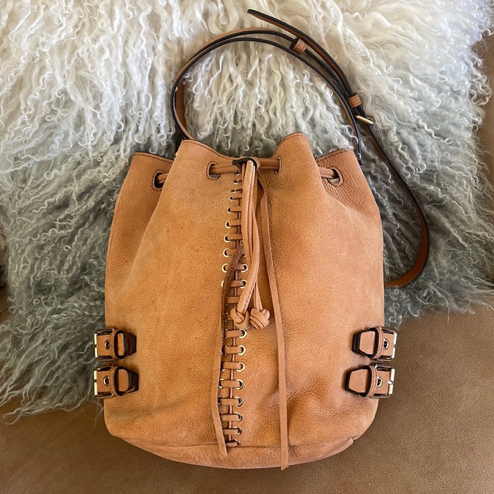 NWOT Rebecca Minkoff Moto Bucket Crossbody Leather Almond Bag